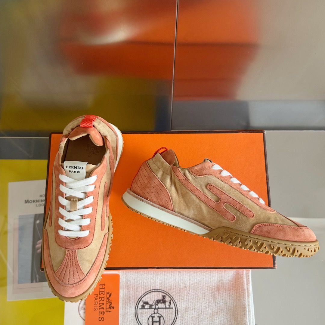 Hermes Women's Jet Sneakers in Beige/Orange Suede Leather - Image 5