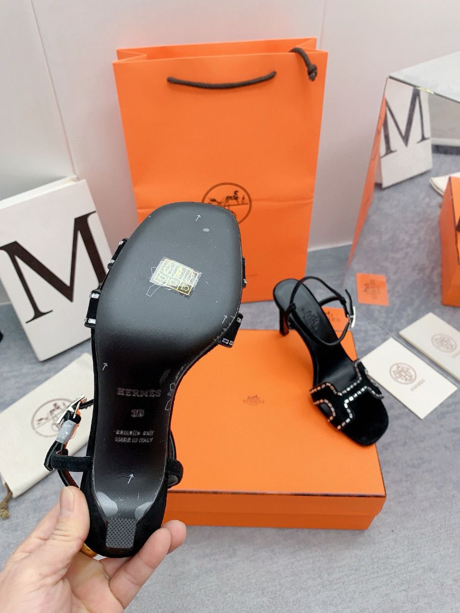 Hermes Heden 80 Sandals in Black Suede Leather with Rhinestone - Image 9