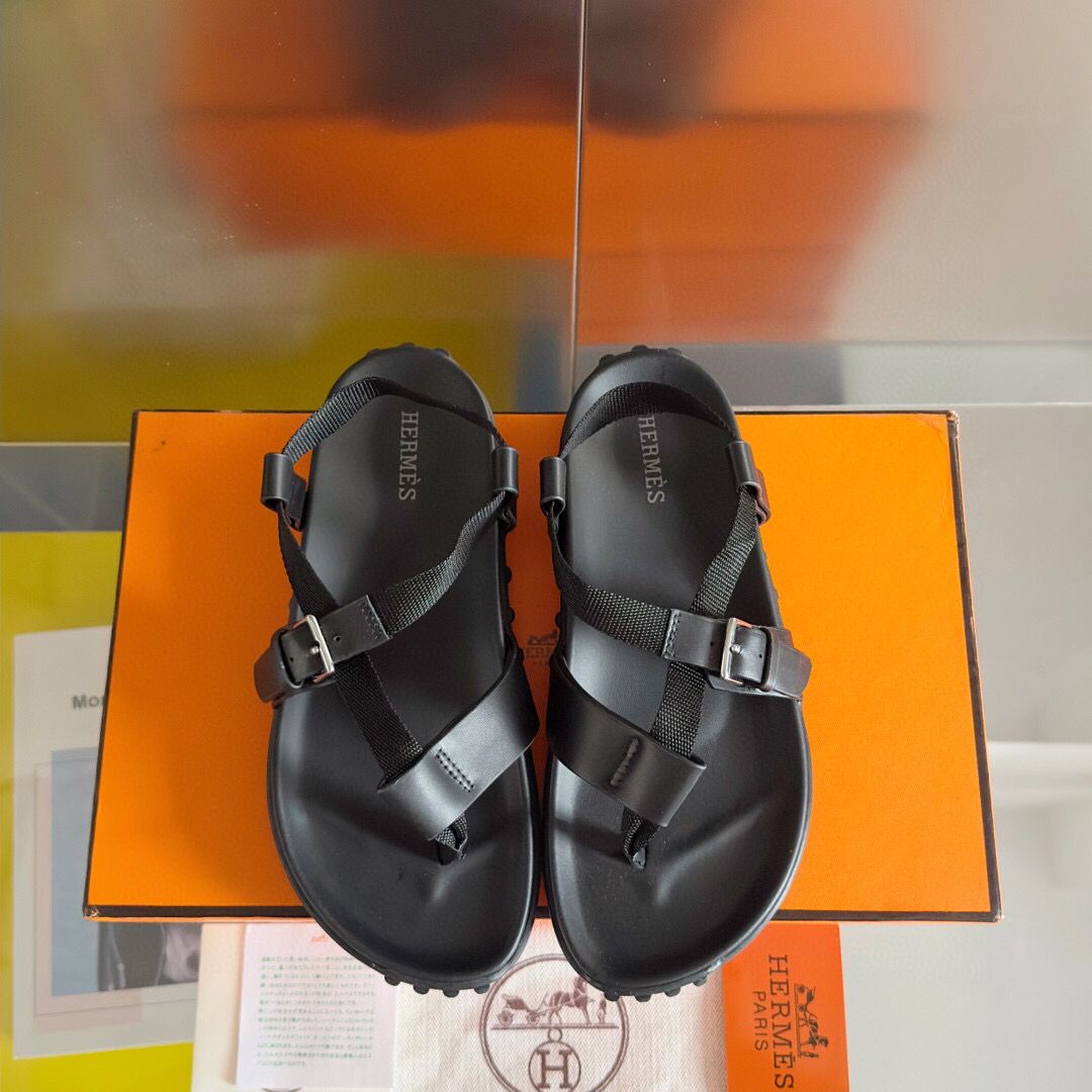 Hermes Inboard Sandals in Black Leather and Ribbon - Image 9