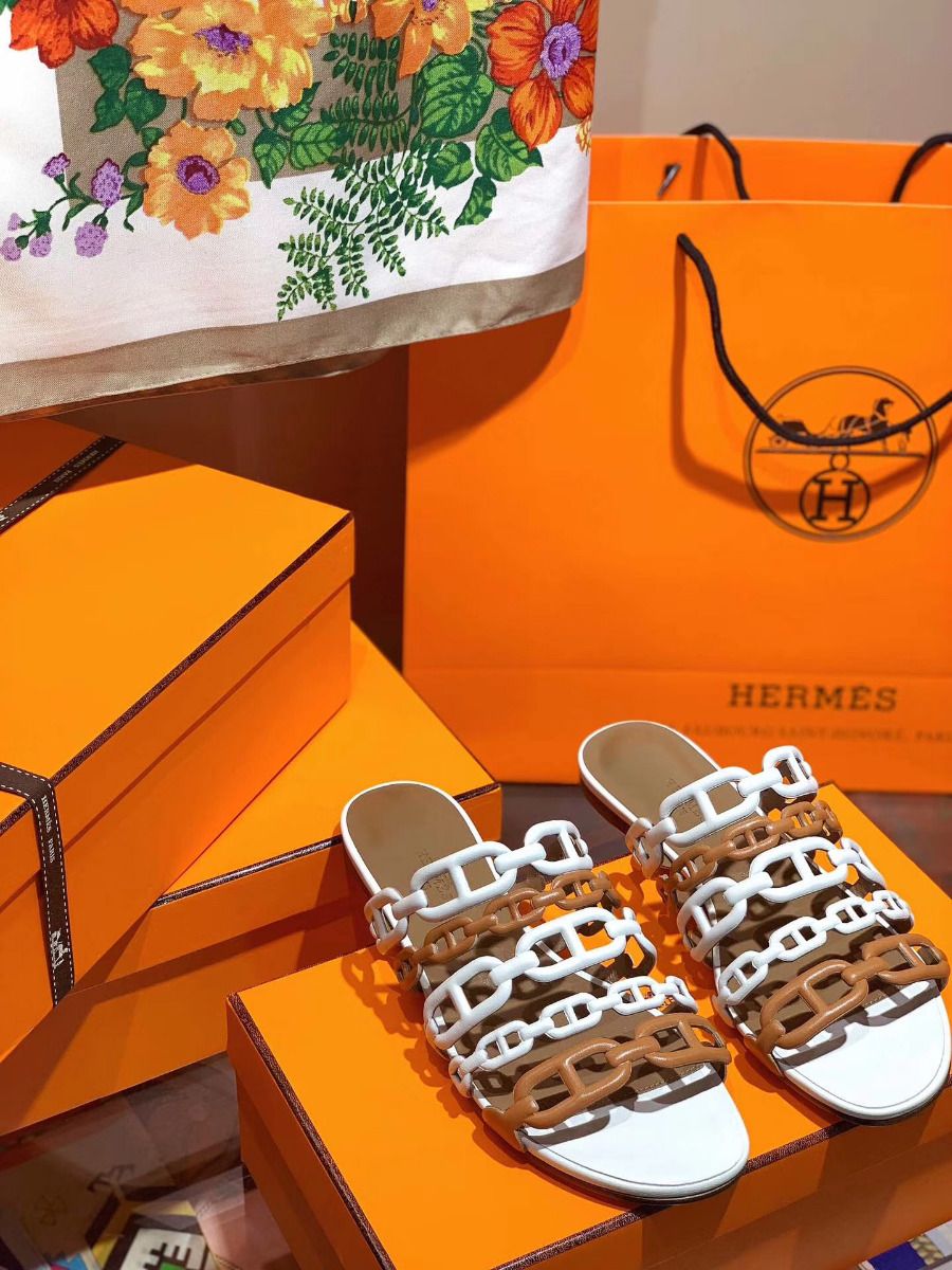 Hermes Thalassa Sandals In Brown/White Lambskin - Image 5