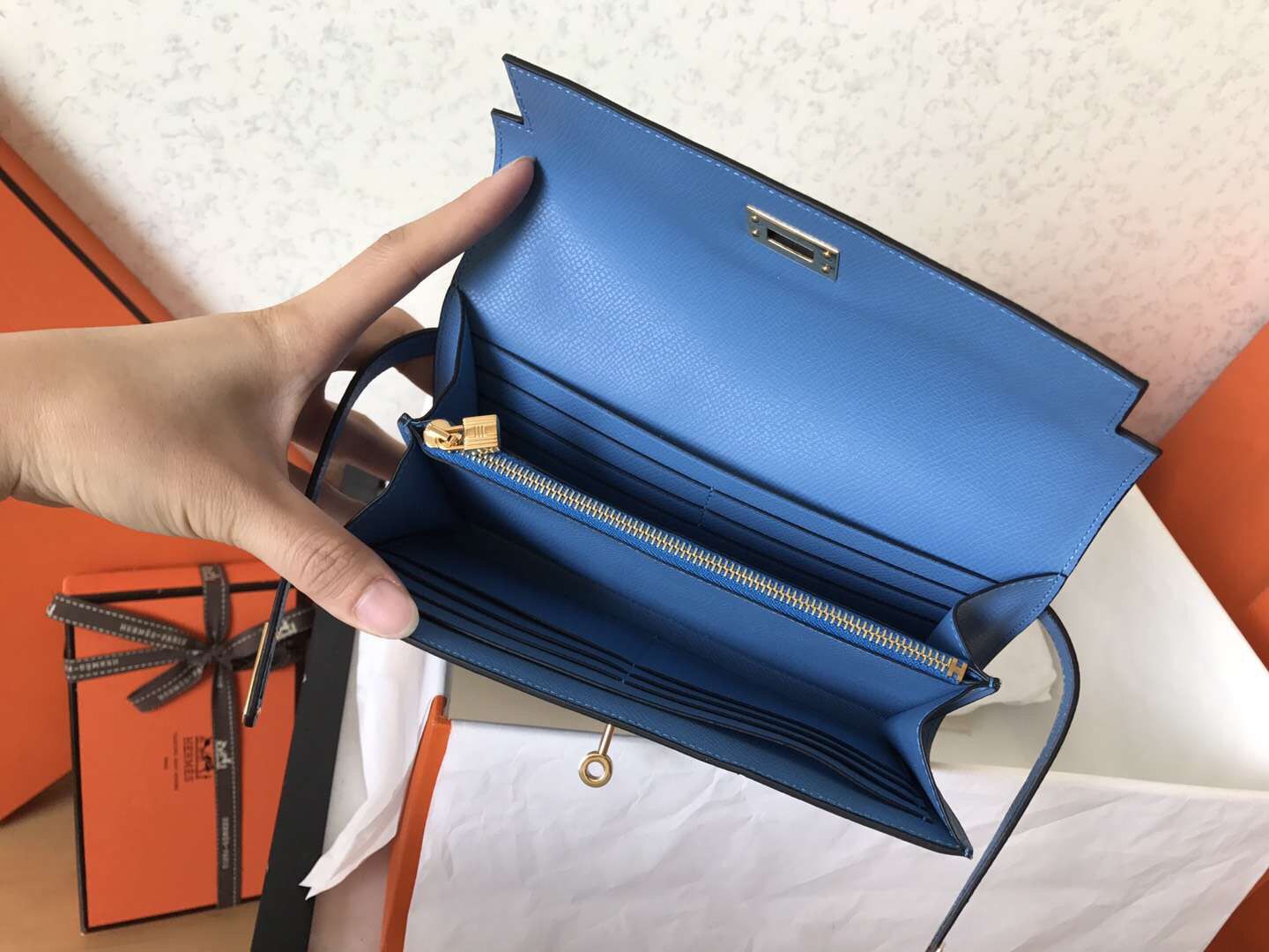 Hermes Kelly Classic Long Wallet In Blue Jean Epsom Leather - Image 7